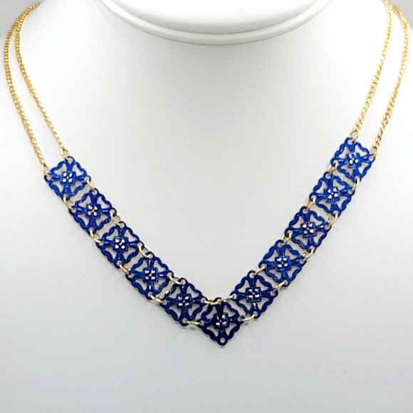 Charming Charlie Jewelry - Charming Charlie Gold tone & Blue Enamel Necklace Signed 18"
